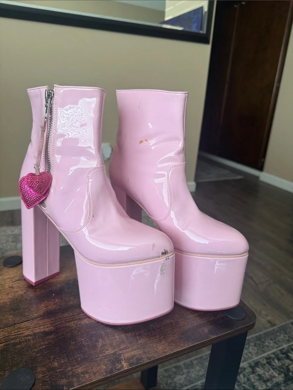 Sugar Thrillz Pink Patent Platform Ankle Boots with Heart Charm